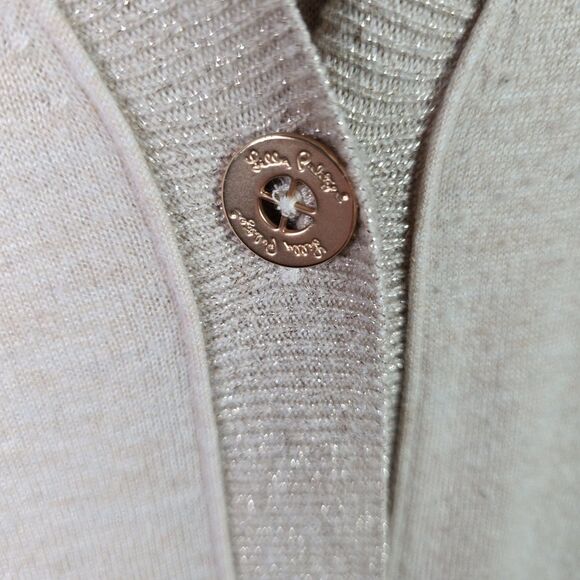 Lilly Pulitzer Gold Metallic Long Cardigan Sweater L V-Neck Logo Button Pocket - Picture 6 of 16